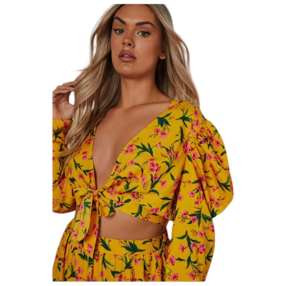 Boohoo Size 16 Plus Gold Floral Puff Sleeve Cropped Waist Tie Top NEW WI…